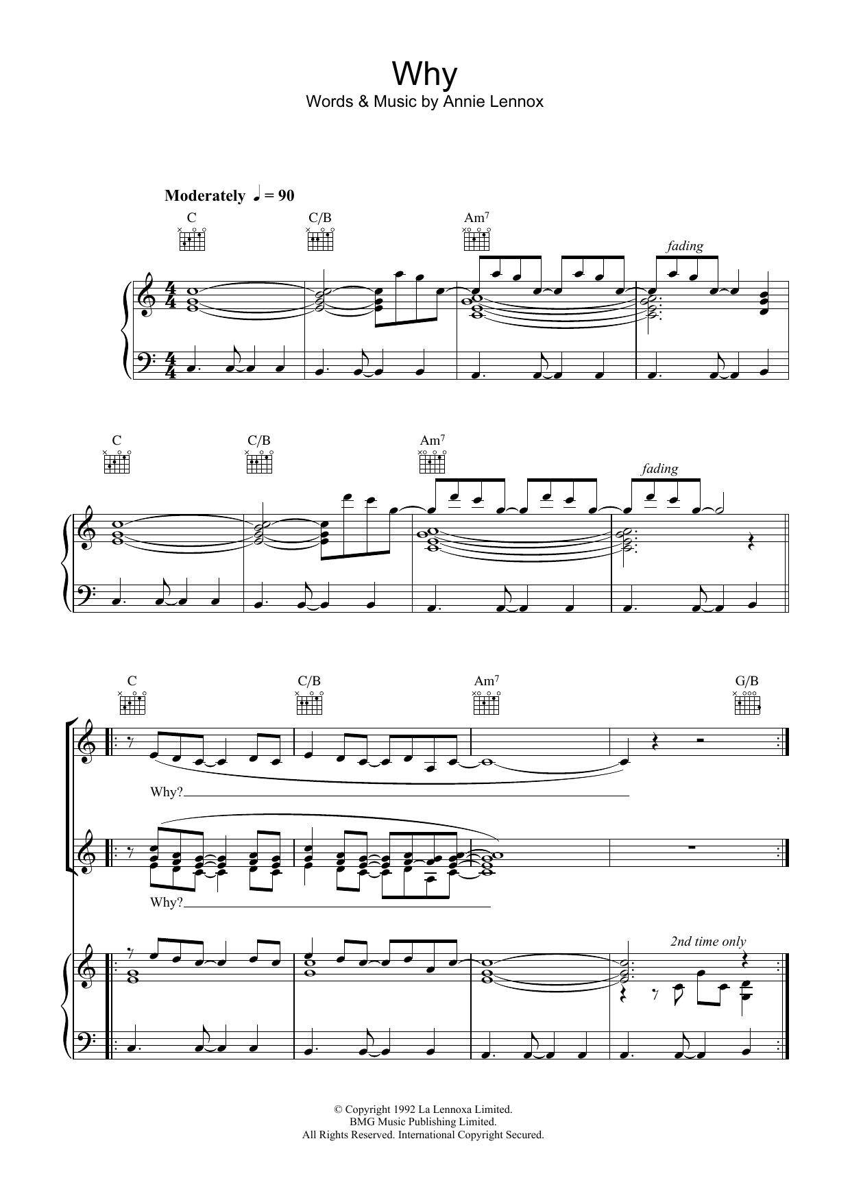 Annie Lennox Why sheet music notes and chords arranged for Piano, Vocal & Guitar Chords