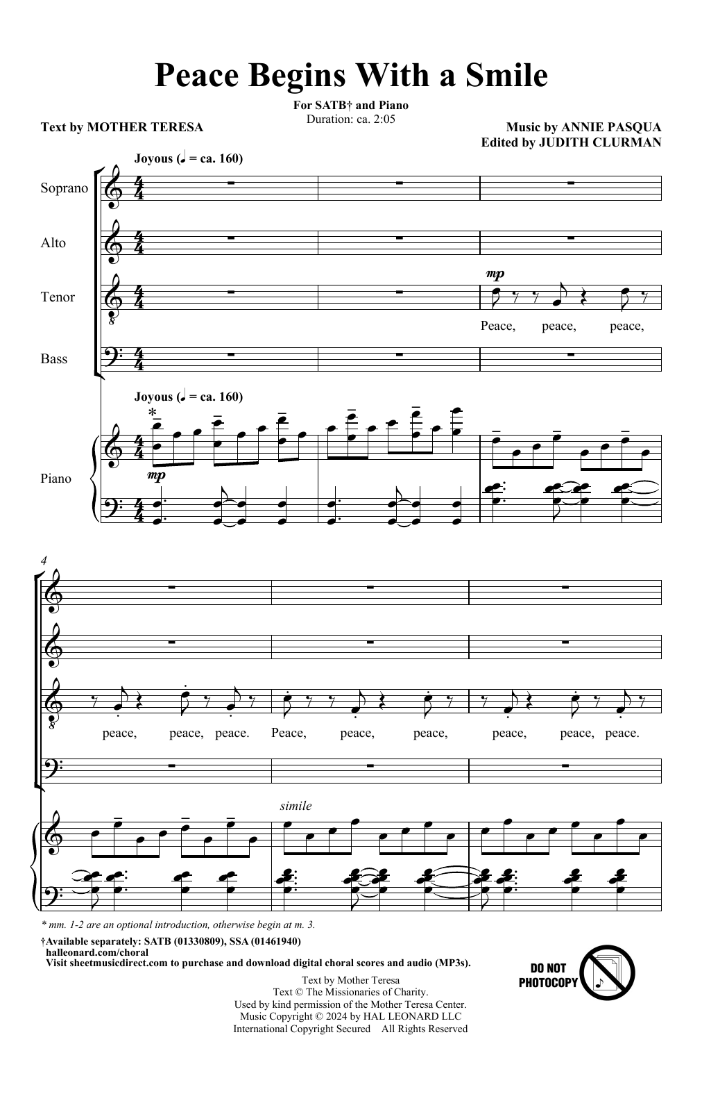 Annie Pasqua Peace Begins With A Smile sheet music notes and chords arranged for SATB Choir