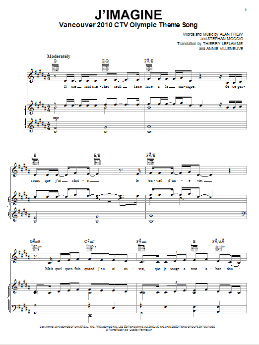 Annie Villeneuve J'Imagine sheet music notes and chords arranged for Piano, Vocal & Guitar Chords (Right-Hand Melody)