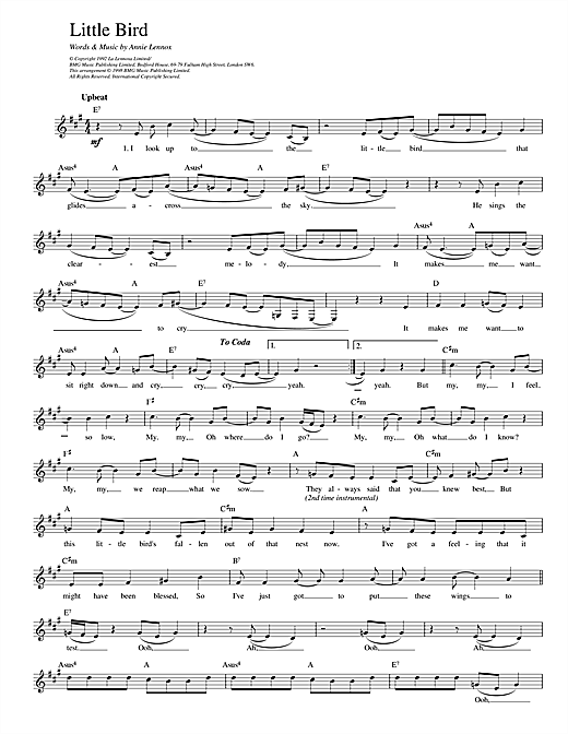 Annie Lennox Little Bird sheet music notes and chords. Download Printable PDF.