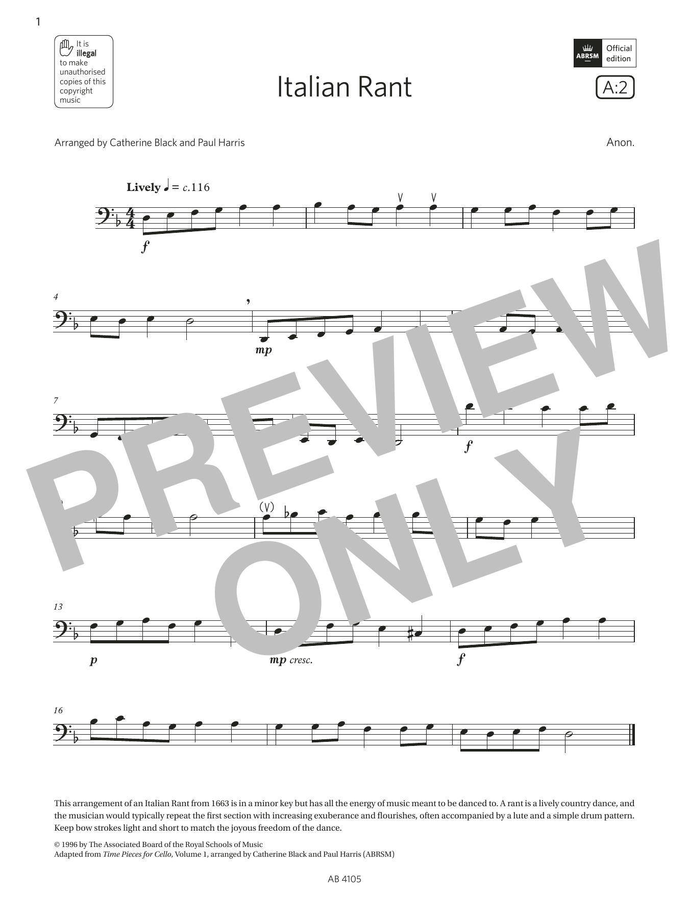 Anon. Italian Rant (Grade 2, A2, from the ABRSM Cello Syllabus from 2024) sheet music notes and chords arranged for Cello Solo