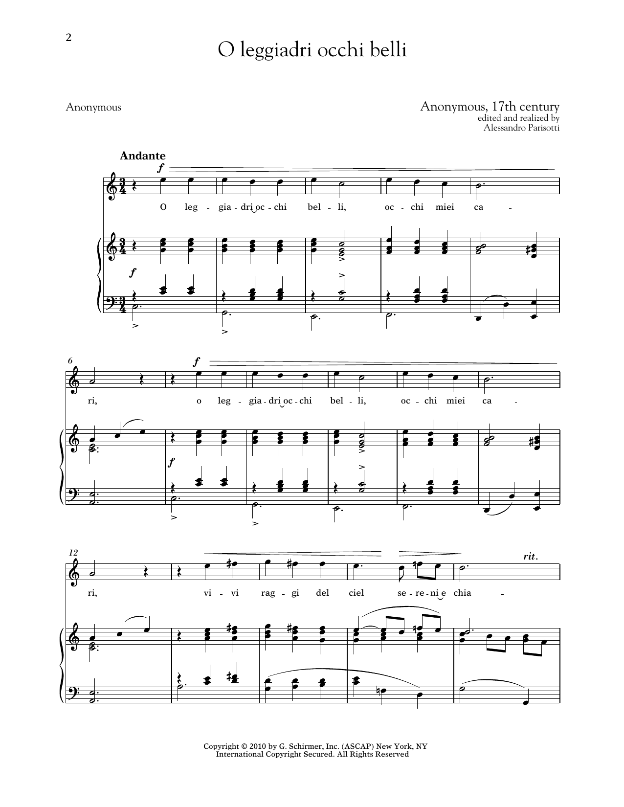 Anonymous, 17th Century O Leggiadri Occhi Belli (High Voice) sheet music notes and chords arranged for Piano & Vocal