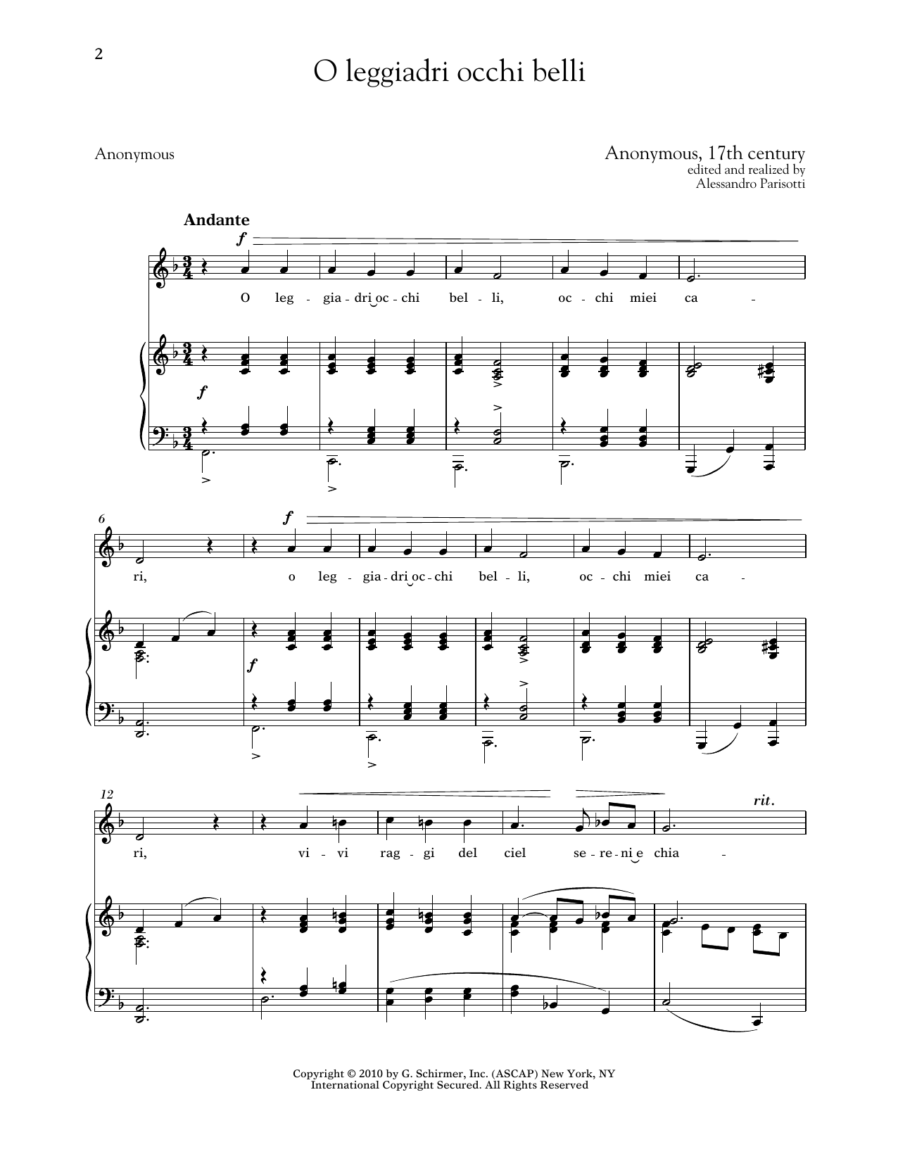 Anonymous, 17th Century O Leggiadri Occhi Belli (Low Voice) sheet music notes and chords arranged for Piano & Vocal