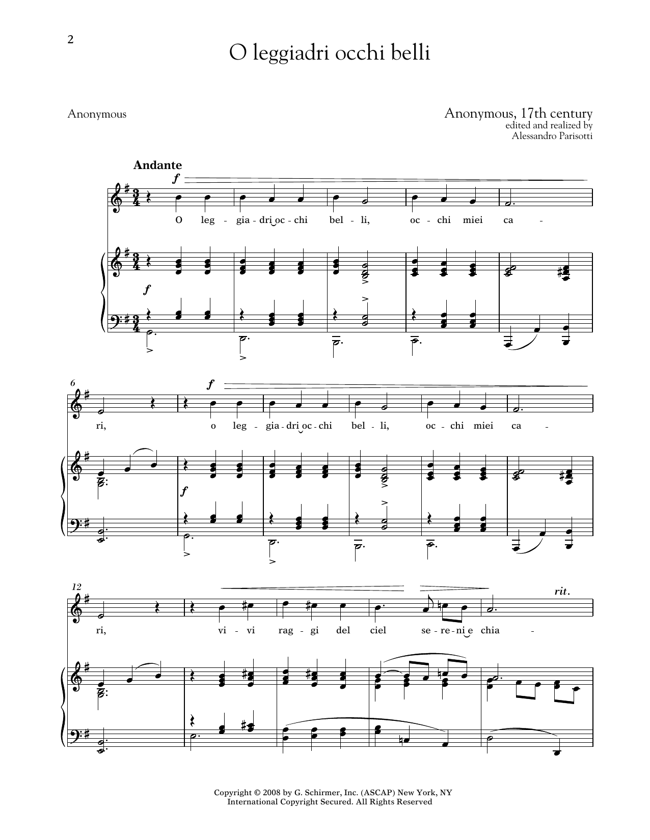 Anonymous, 17th Century O Leggiadri Occhi Belli (Medium Low Voice) sheet music notes and chords arranged for Piano & Vocal