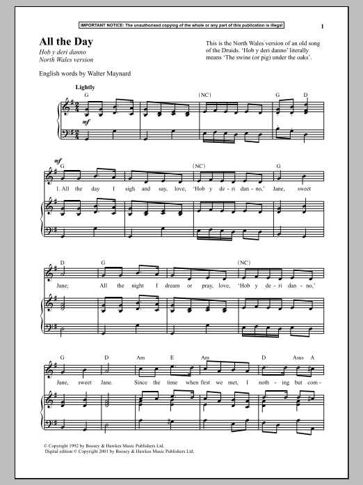 Anonymous All The Day (North Wales Version) sheet music notes and chords arranged for Piano & Vocal