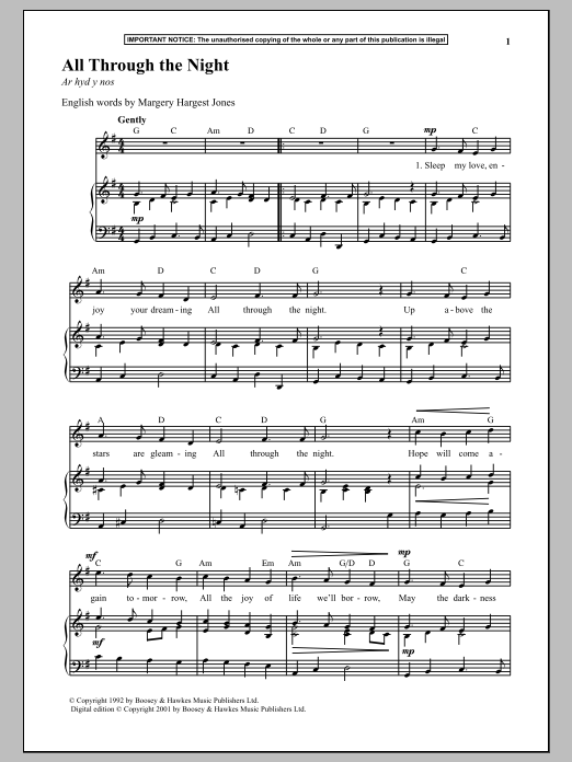 Anonymous All Through The Night sheet music notes and chords arranged for Piano & Vocal