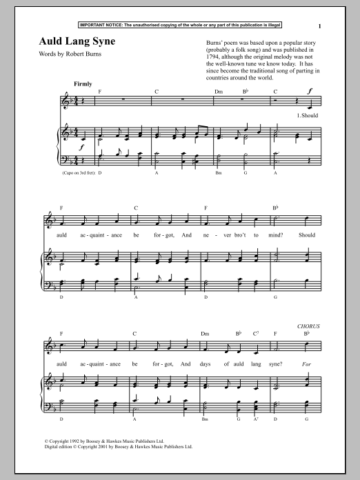 Anonymous Auld Lang Syne sheet music notes and chords arranged for Piano & Vocal