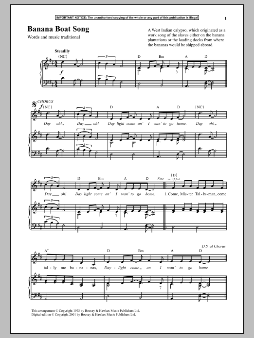 Anonymous Banana Boat Song sheet music notes and chords arranged for Piano & Vocal