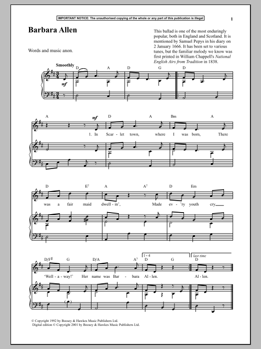 Anonymous Barbara Allen sheet music notes and chords arranged for Piano & Vocal