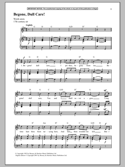 Anonymous Begone, Dull Care! sheet music notes and chords arranged for Piano & Vocal