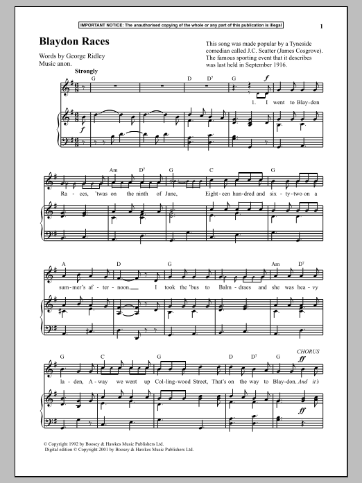 Anonymous Blaydon Races sheet music notes and chords arranged for Piano & Vocal