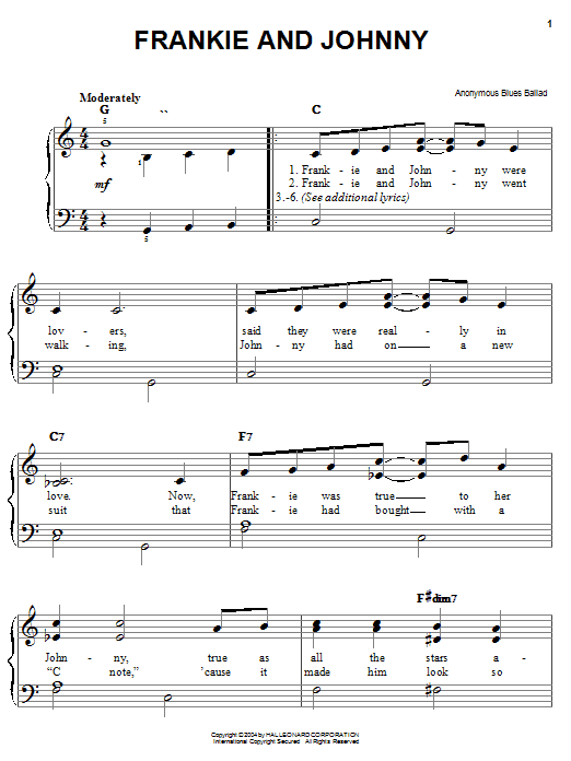 Anonymous Blues Ballad Frankie And Johnny sheet music notes and chords arranged for Piano, Vocal & Guitar Chords (Right-Hand Melody)