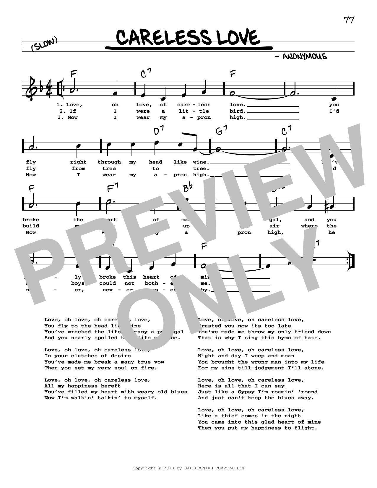 Anonymous Careless Love (arr. Robert Rawlins) sheet music notes and chords arranged for Real Book – Melody, Lyrics & Chords
