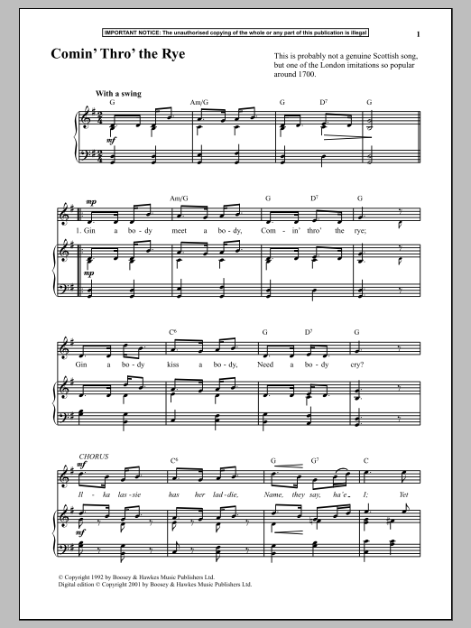 Anonymous Comin Thro The Rye sheet music notes and chords arranged for Piano & Vocal