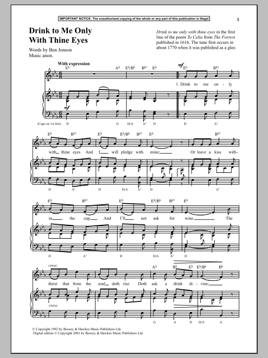 Anonymous Drink To Me Only With Thine Eyes sheet music notes and chords arranged for Piano & Vocal