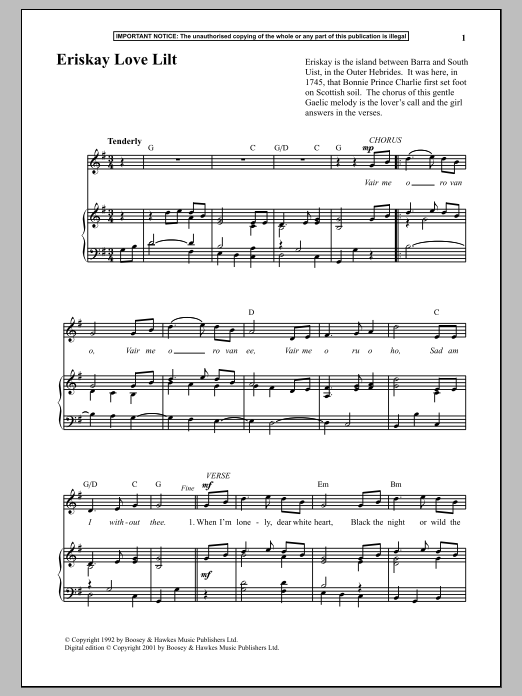 Anonymous Eriskay Love Lilt sheet music notes and chords arranged for Piano & Vocal