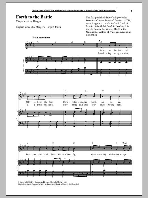 Anonymous Forth To The Battle sheet music notes and chords arranged for Piano & Vocal