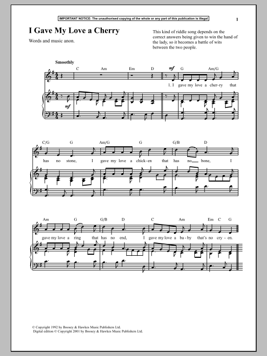 Anonymous I Gave My Love A Cherry sheet music notes and chords arranged for Piano & Vocal