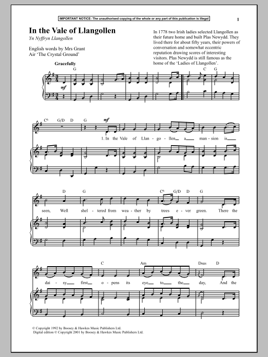 Anonymous In The Vale Of Llangollen sheet music notes and chords arranged for Piano & Vocal