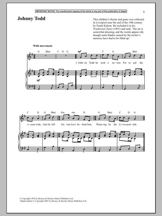 Anonymous Johnny Todd sheet music notes and chords arranged for Piano & Vocal