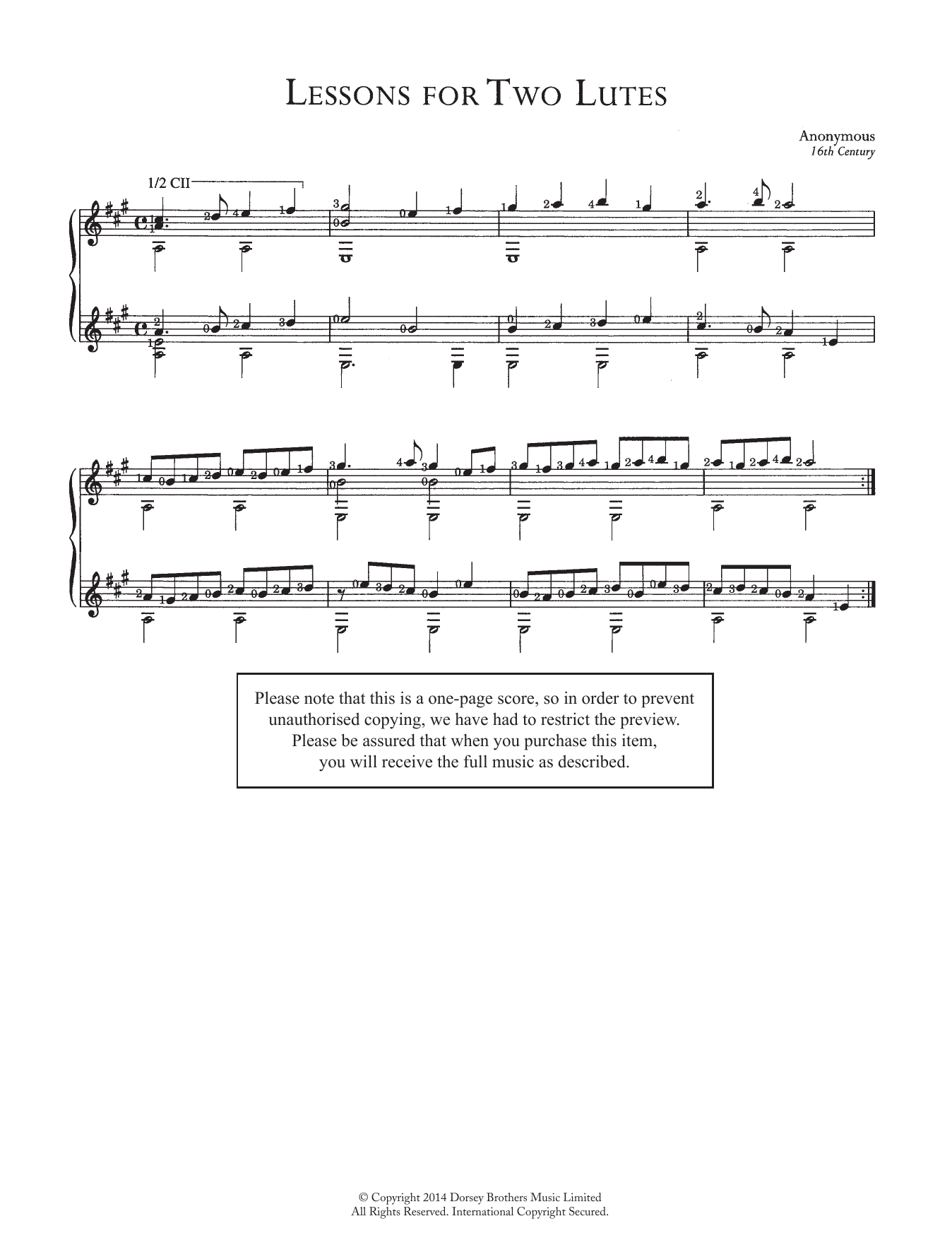 Anonymous Lessons For Two Lutes sheet music notes and chords arranged for Solo Guitar
