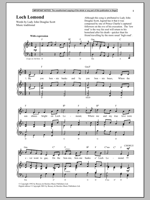 Anonymous Loch Lomond sheet music notes and chords arranged for Piano & Vocal