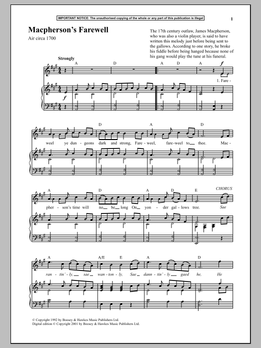 Anonymous Macpherson's Farewell sheet music notes and chords arranged for Piano & Vocal