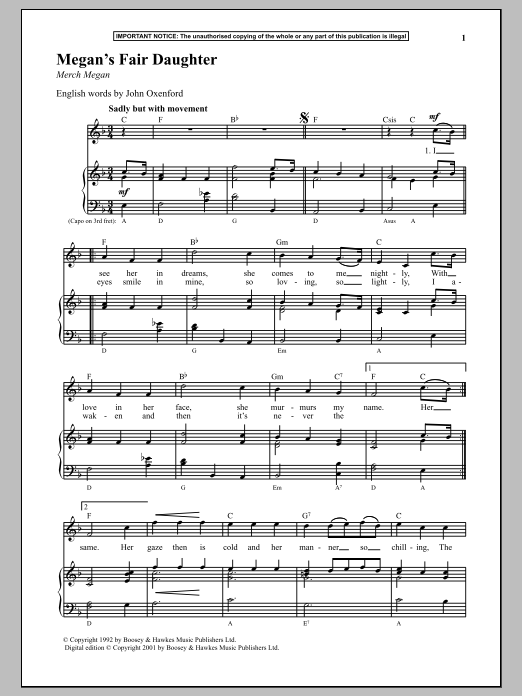 Anonymous Megan's Fair Daughter sheet music notes and chords arranged for Piano & Vocal