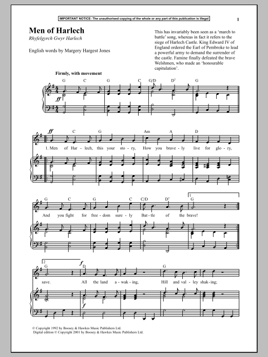 Anonymous Men Of Harlech sheet music notes and chords arranged for Piano & Vocal