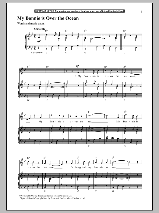 Anonymous My Bonnie Is Over The Ocean sheet music notes and chords arranged for Piano & Vocal