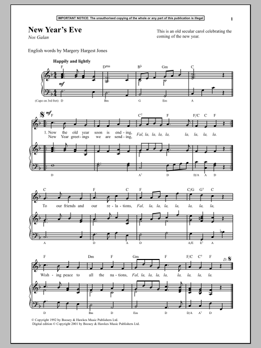 Anonymous New Year's Eve sheet music notes and chords arranged for Piano & Vocal