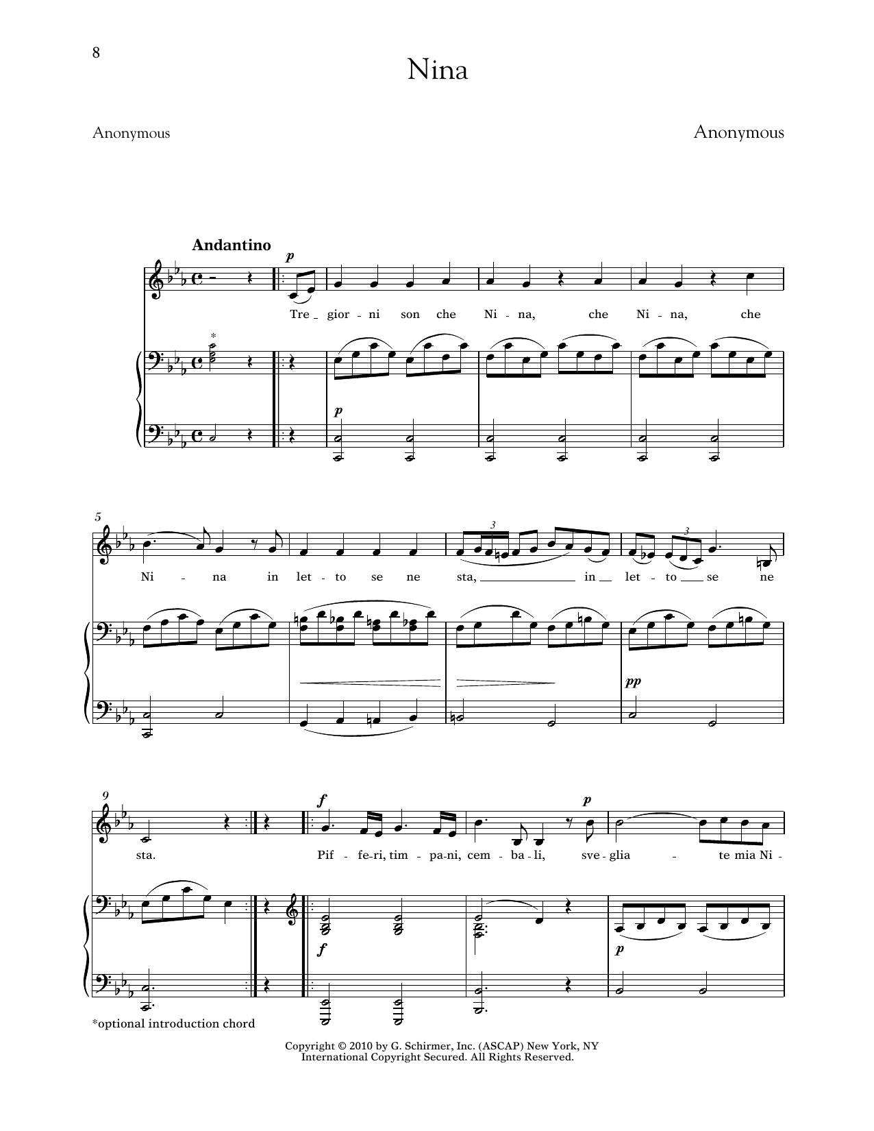Anonymous Nina (Low Voice) sheet music notes and chords arranged for Piano & Vocal
