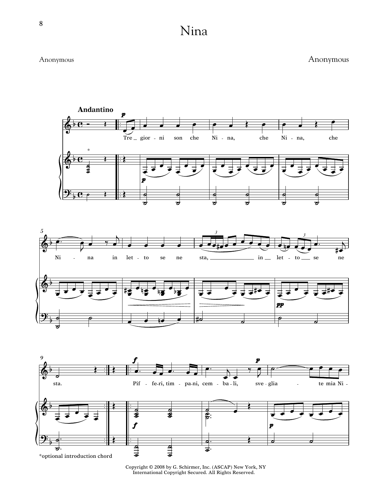 Anonymous Nina (Medium Low Voice) sheet music notes and chords arranged for Piano & Vocal