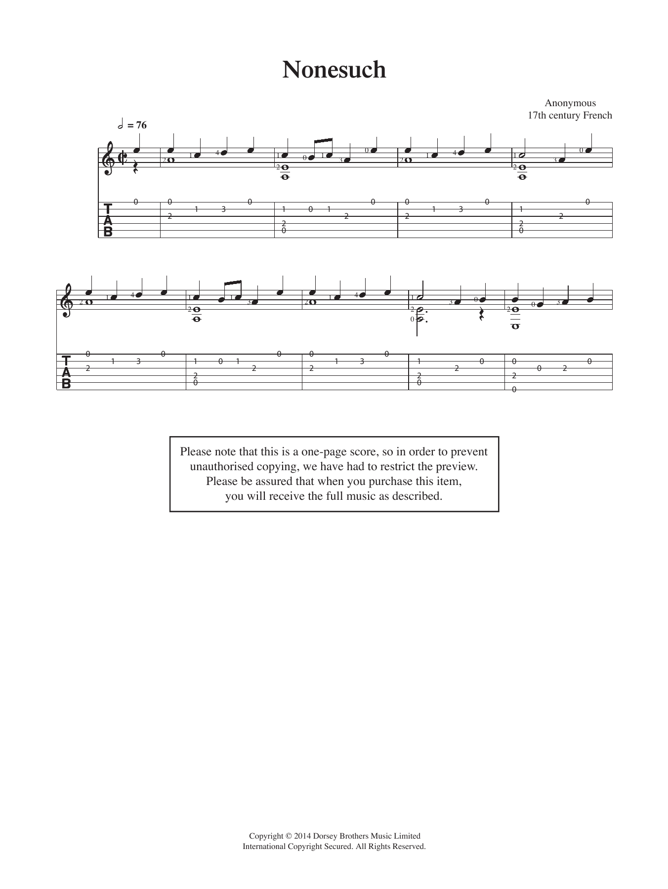Anonymous Nonesuch sheet music notes and chords arranged for Easy Guitar