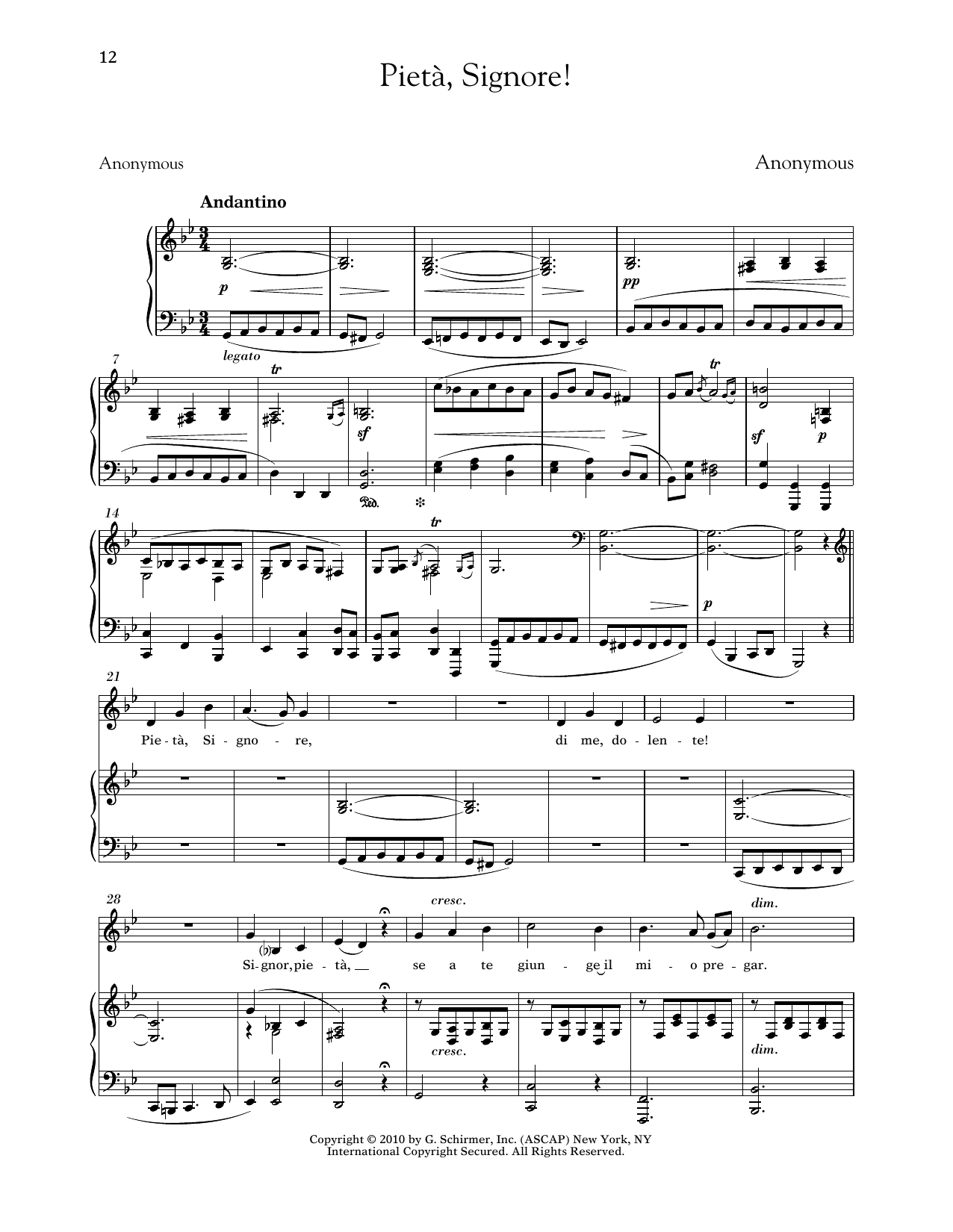 Anonymous Pieta, Signore! (Low Voice) sheet music notes and chords arranged for Piano & Vocal