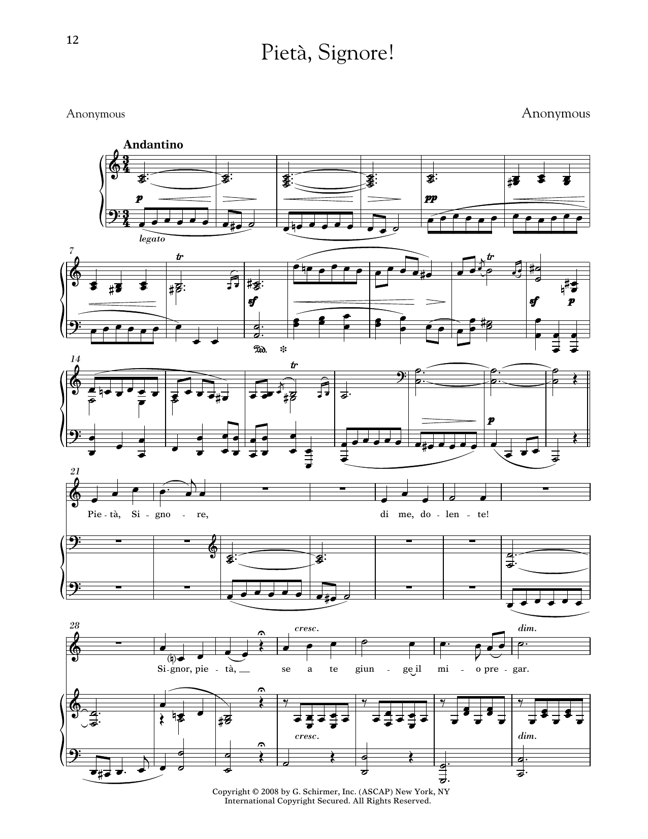Anonymous Pieta, Signore! (Medium Low Voice) sheet music notes and chords arranged for Piano & Vocal