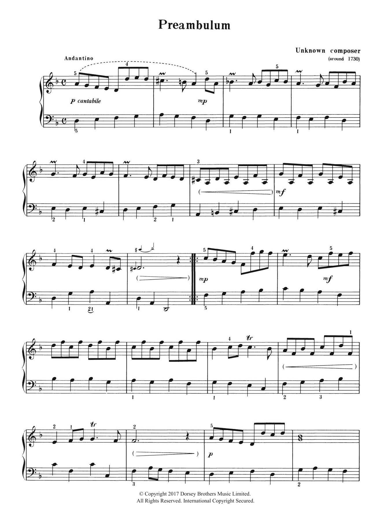 Anonymous Preambulum sheet music notes and chords arranged for Piano Solo