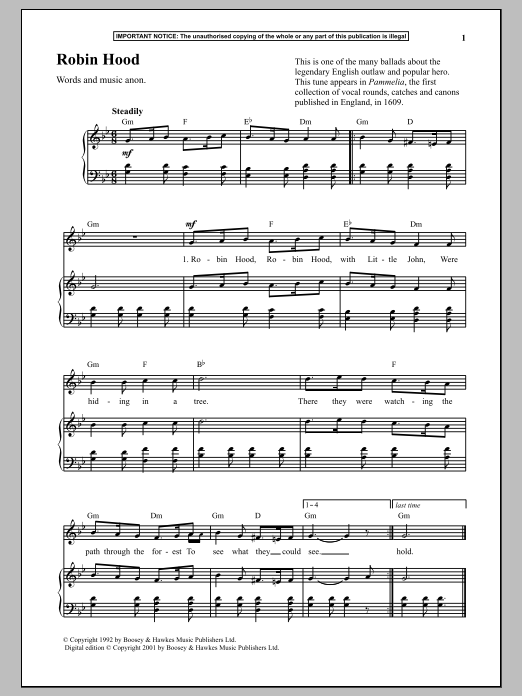 Anonymous Robin Hood sheet music notes and chords arranged for Piano & Vocal