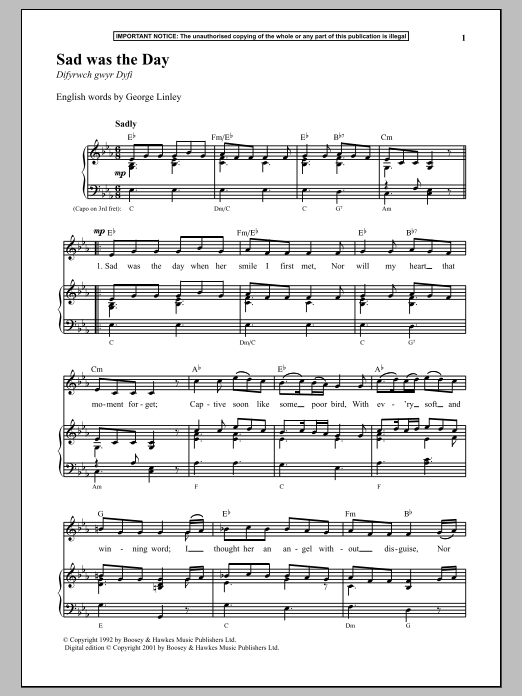 Anonymous Sad Was The Day sheet music notes and chords arranged for Piano & Vocal