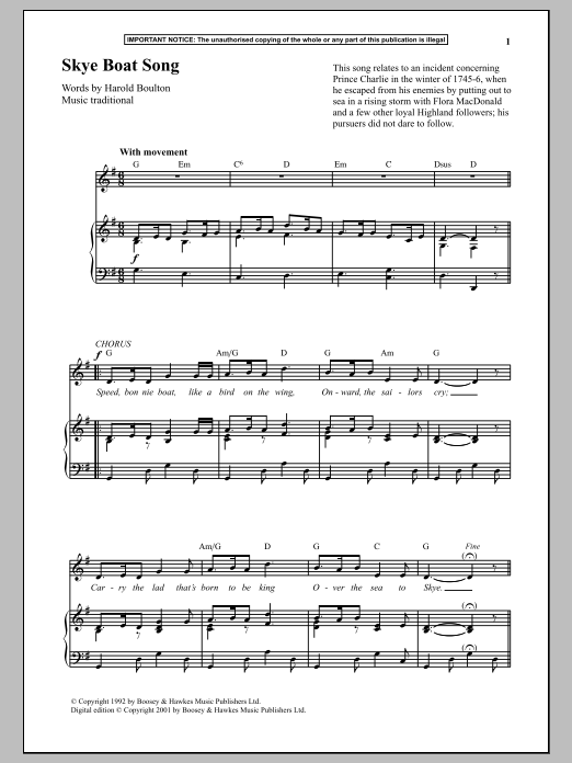 Anonymous Skye Boat Song sheet music notes and chords arranged for Piano & Vocal