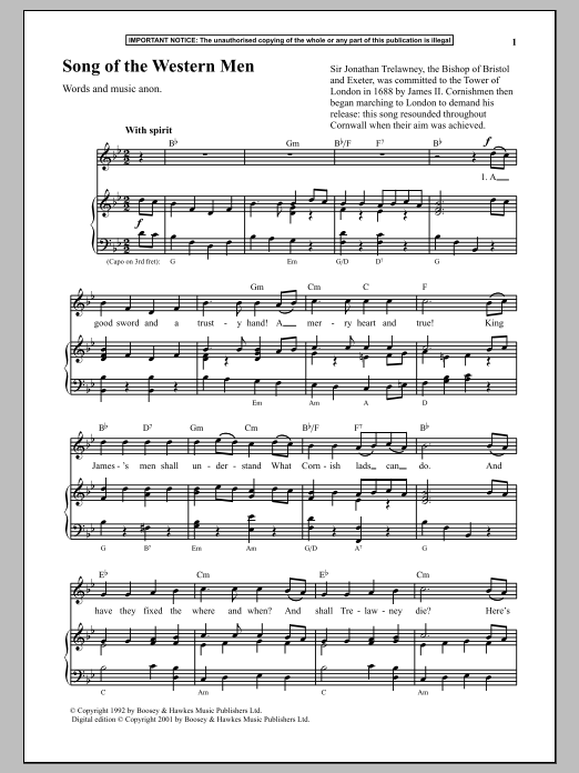 Anonymous Song Of The Western Men sheet music notes and chords arranged for Piano & Vocal