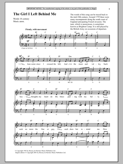 Anonymous The Girl I Left Behind Me sheet music notes and chords arranged for Piano & Vocal