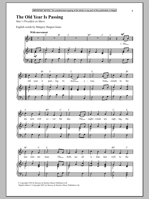 Anonymous The Old Year Is Passing sheet music notes and chords arranged for Piano & Vocal