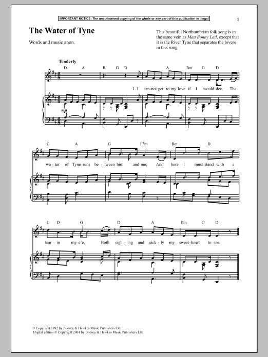 Anonymous The Water Of Tyne sheet music notes and chords arranged for Piano & Vocal