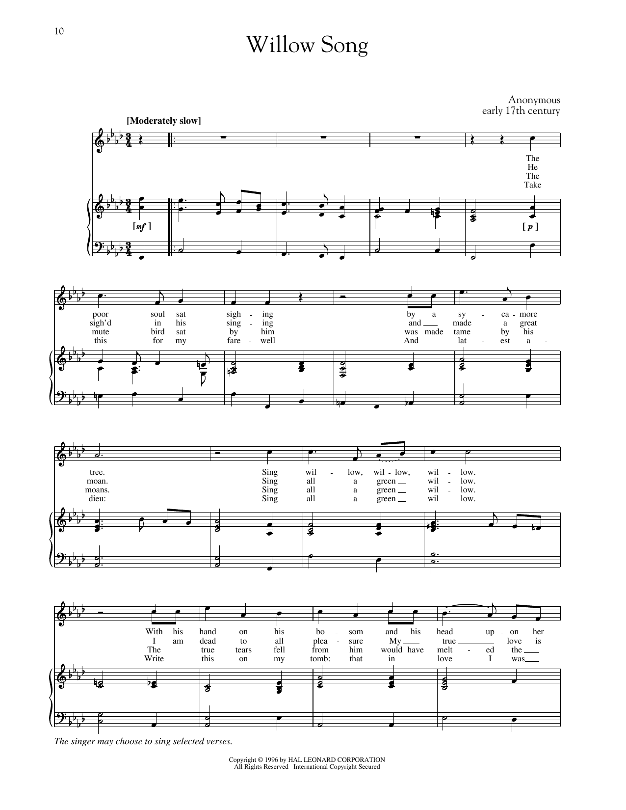 Anonymous The Willow Song (High Voice) sheet music notes and chords arranged for Piano & Vocal
