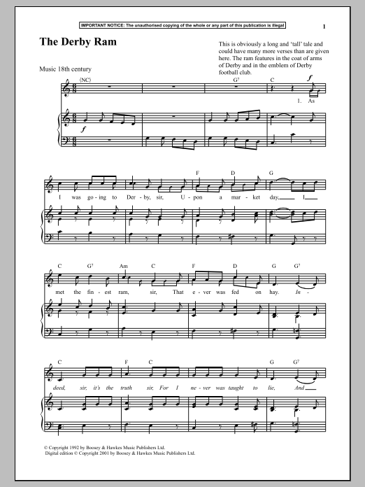 Anonymous The Derby Ram sheet music notes and chords arranged for Piano & Vocal