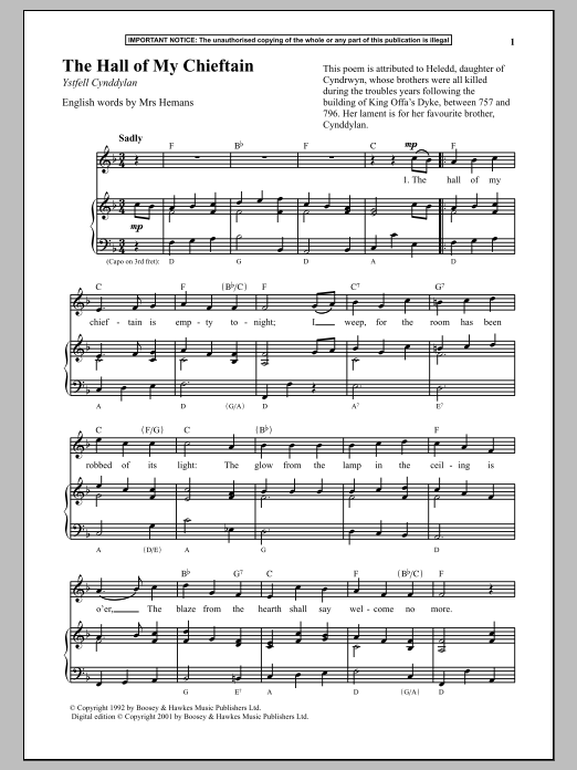 Anonymous The Hall Of My Chieftain sheet music notes and chords arranged for Piano & Vocal