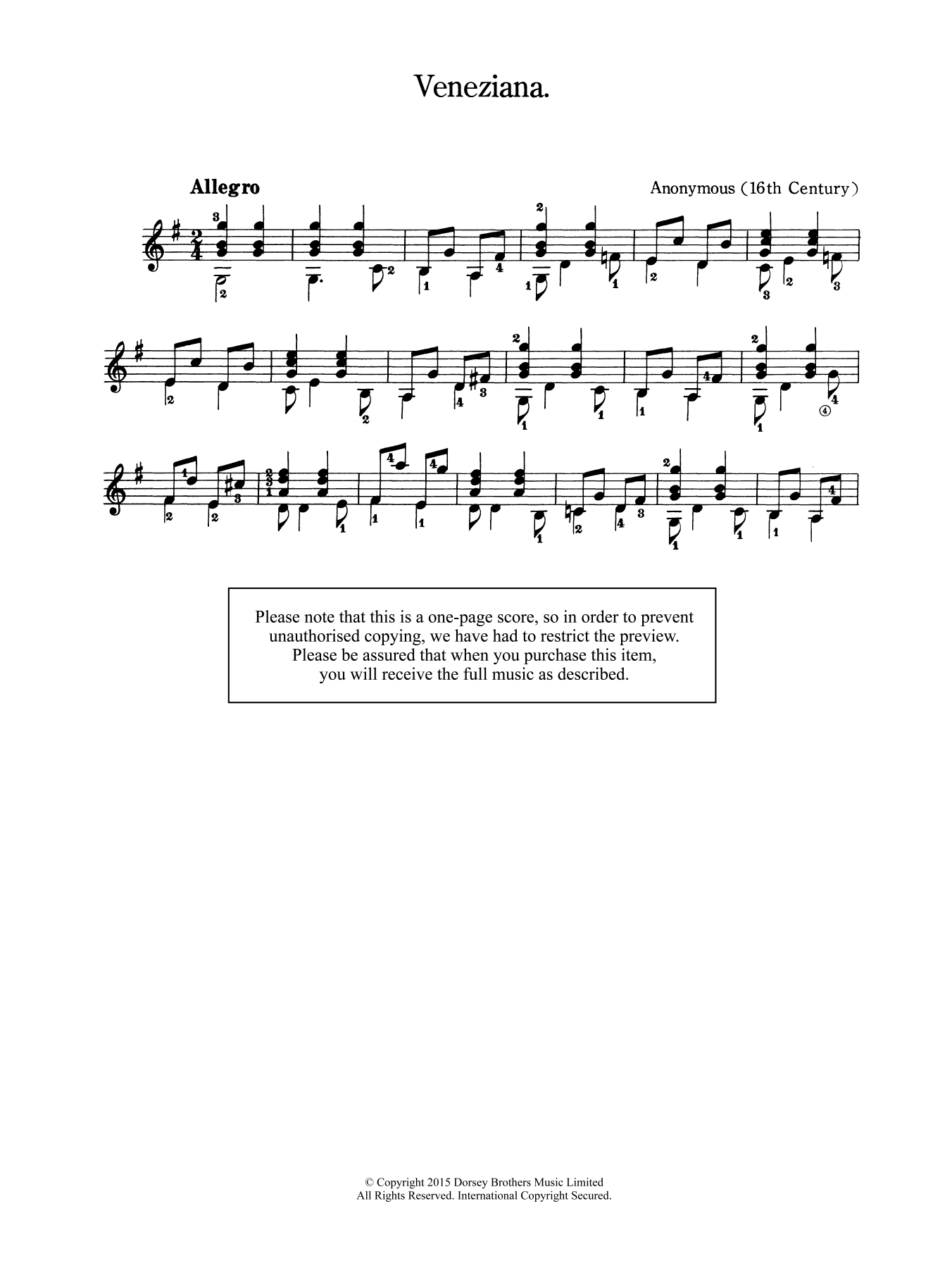 Anonymous Veneziana sheet music notes and chords arranged for Solo Guitar