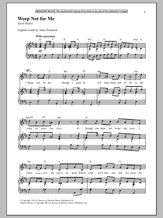 Anonymous Weep Not For Me sheet music notes and chords arranged for Piano & Vocal