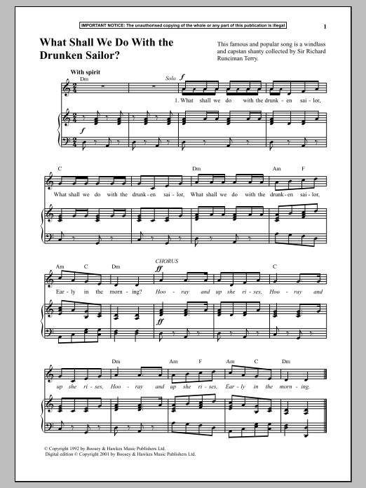 Anonymous What Shall We Do With The Drunken Sailor? sheet music notes and chords arranged for Piano & Vocal